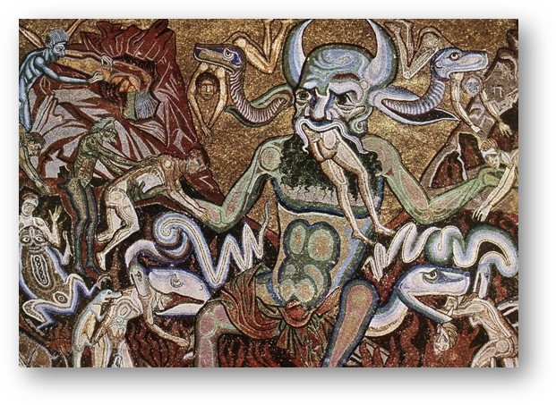 Painting of people and demons snakes in hell