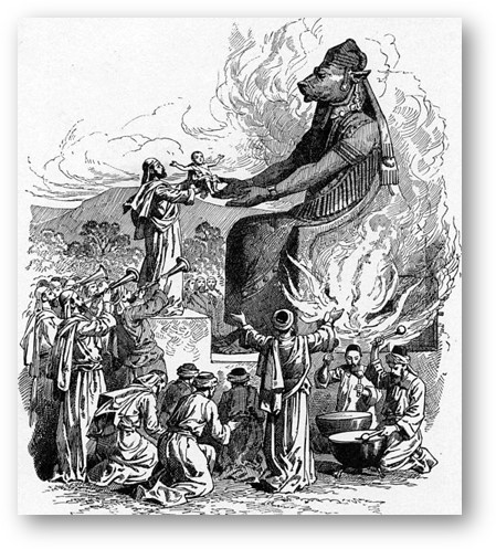 A drawing of an idol receiving a child sacrifice